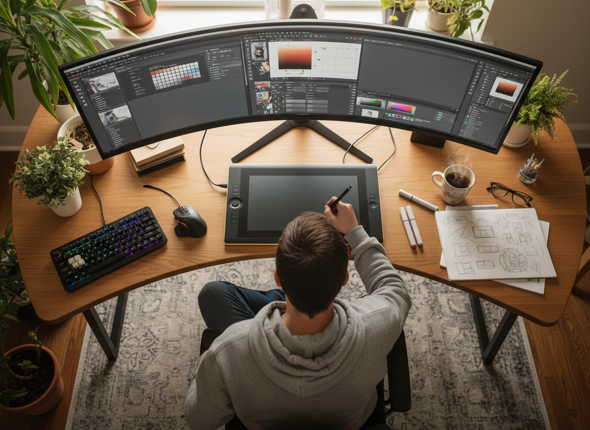 Man working on computer using stylus and pad